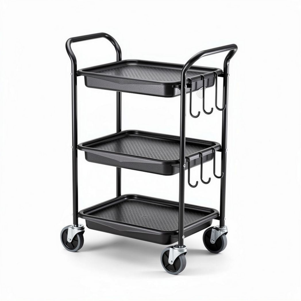 Wózek transportowy z metalowej ramy w kolorze czarnym z trzema półkami 55 x 40 x 90cm